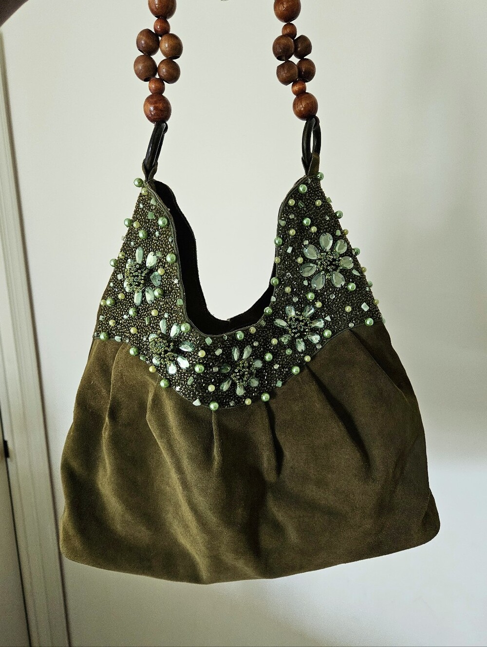 Beaded Fairy Faux Suede Hobo Shoulder Bag